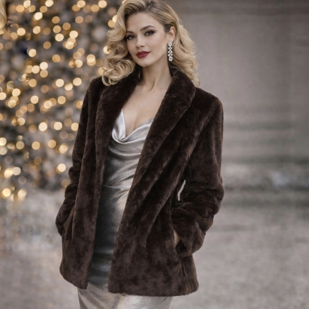 VINTAGE Bespoke Chocolate Faux Fur Stix Baer&Fuller Coat Glam Old Money Lux L XL